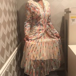 Tan with multicolored dress with jacket